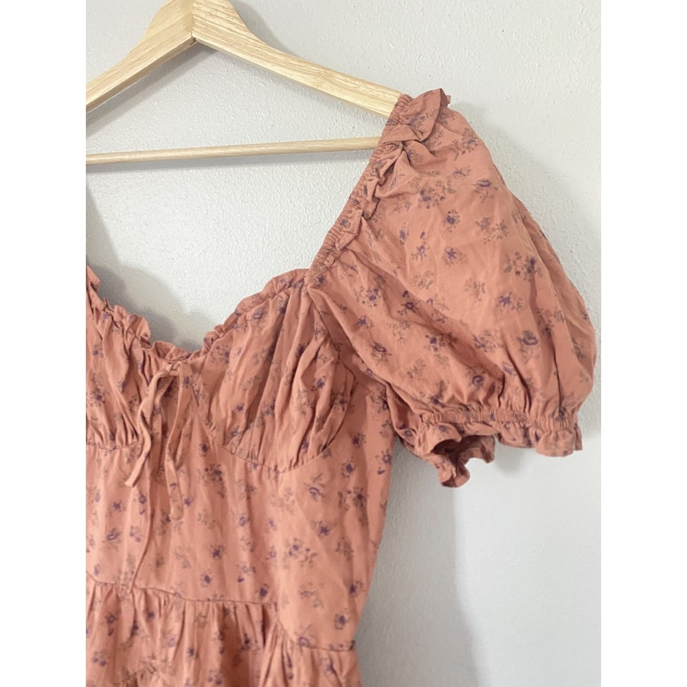 NEW Storia Floral Brown Ruffle Midi Dress Women Sz M 100% Cotton Cottagecore - Picture 12 of 15